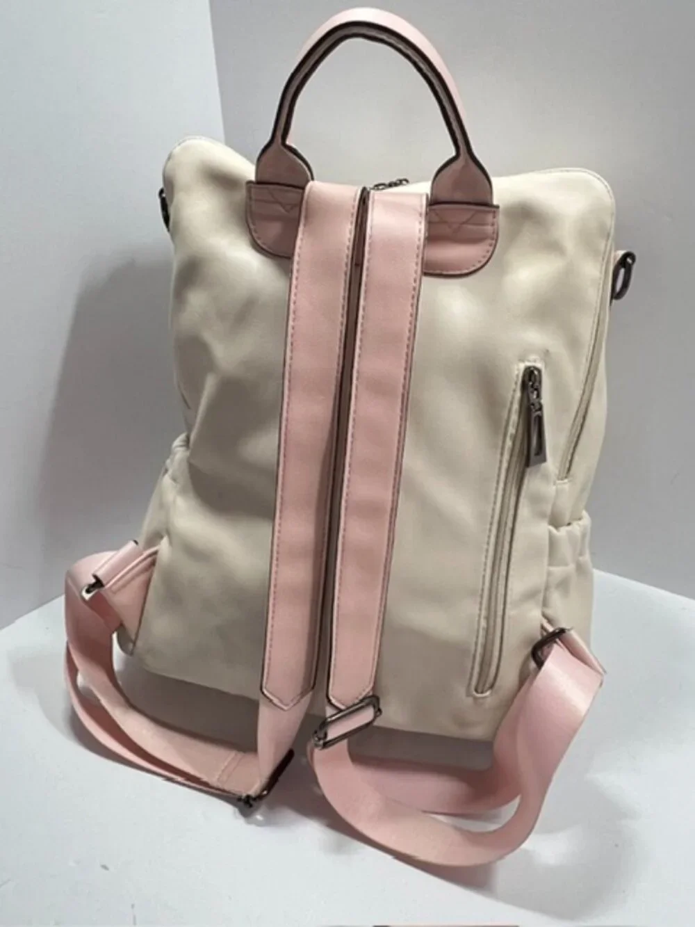 Cluci Cream/Pink w/Floral Front-Pocket Vegan Leather Backpack EUC